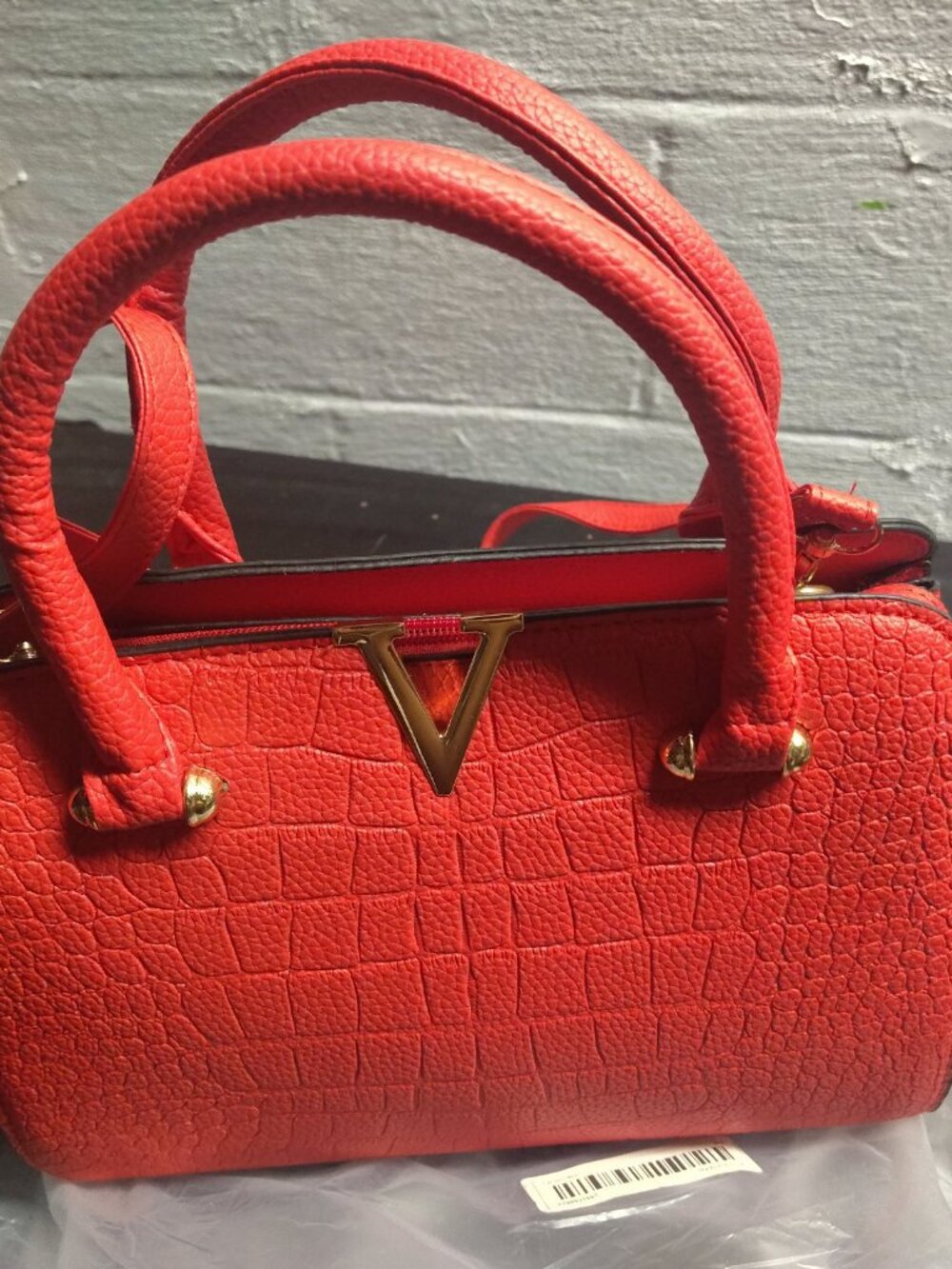 Red Croc-Embossed Satchel Handbag